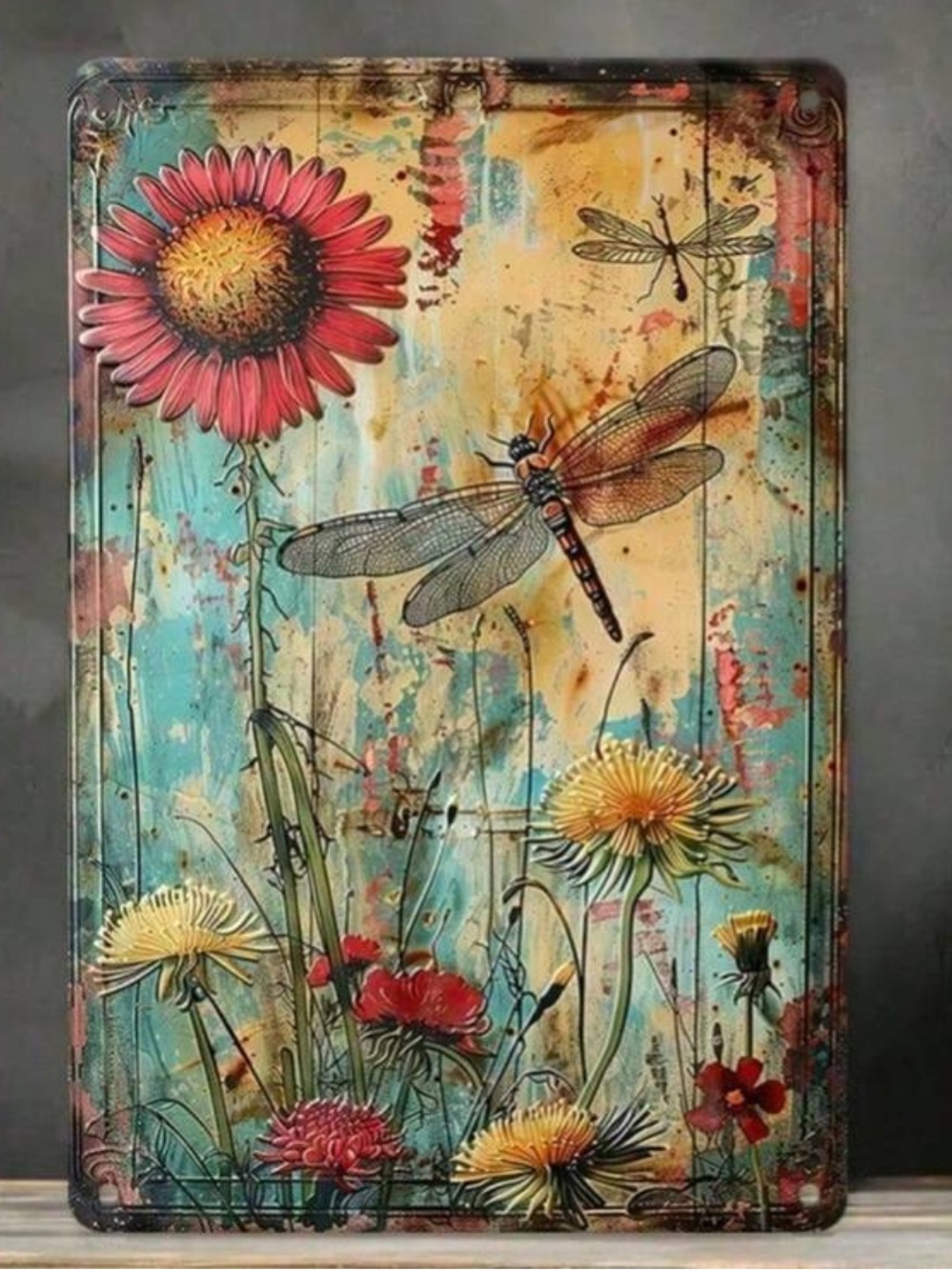 Dragonfly Floral Metal Wall Art - Red & Yellow Botanical Print